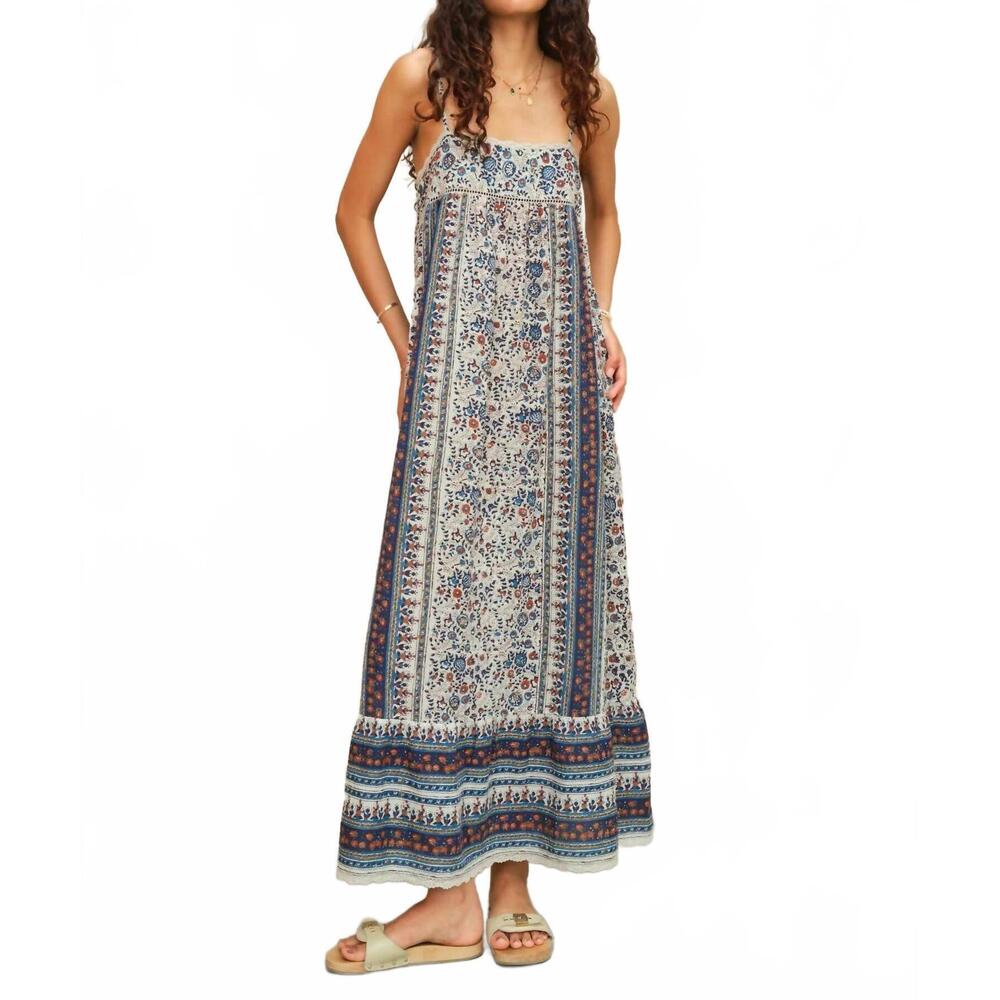 NEW M.A.B.E. cass print maxi dress in indigo/rust
